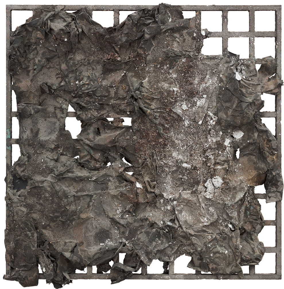 《屏障》三100x100cm--木质构造、宣纸、矿物·植物·土质颜料-、金银粉、金属渣--2012年.jpg